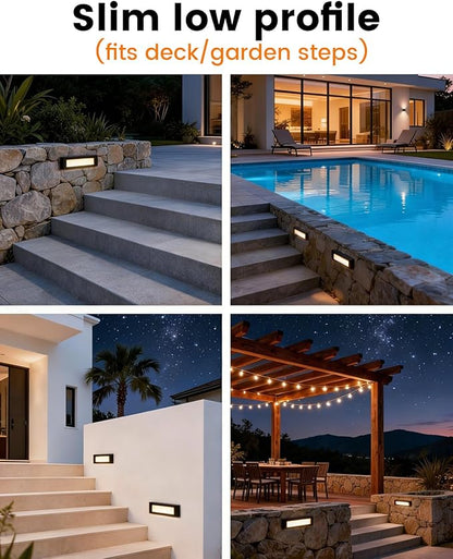 Low Voltage LED Step Lights (6.5×0.67×1.44 in) - 1.2W Die-Cast Aluminum Stair Lighting with Patent Connector, Wet Location Safe Outdoor Steps 6-Pack