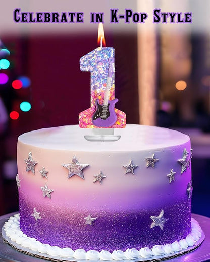 K-Pop Birthday Candle – Purple & Pink Glitter Music Theme Cake Candle with Guitar, Musical Party Decor for Girls, Teens, Kpop Fans (1)
