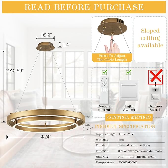 LED 2 Ring Brass Gold Chandelier Dimmable Up Down Light Chandelier Modern Round Chandeliers Light Circular Chandeliers for Foyer Dining Room Entry Bedroom Office Living Room