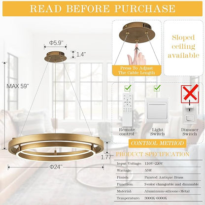LED 2 Ring Brass Gold Chandelier Dimmable Up Down Light Chandelier Modern Round Chandeliers Light Circular Chandeliers for Foyer Dining Room Entry Bedroom Office Living Room