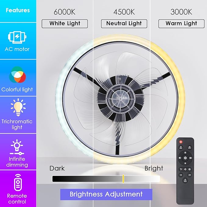 Mpayel Ceiling Fans with Lights and Remote, 16" Low Profile Ceiling Fan 3000-6000K Dimmable RGB Modern Flush Mount LED Fan Light, 6 Wind Speeds Black Ceiling Fans for Bedroom, Living Room