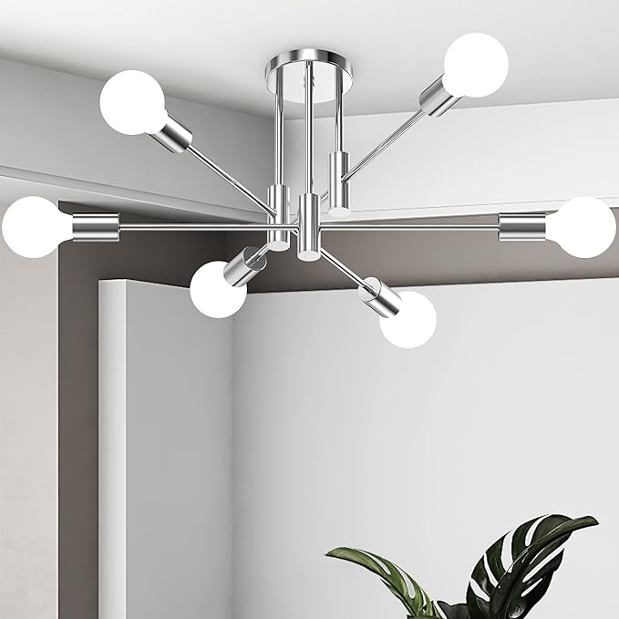 6-Light Sputnik Light Fixture, Brushed Nickel Mid-Century Modern Chandelier for Dining Room, Kitchen, Living Room, Bedroom