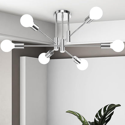 6-Light Sputnik Light Fixture, Brushed Nickel Mid-Century Modern Chandelier for Dining Room, Kitchen, Living Room, Bedroom