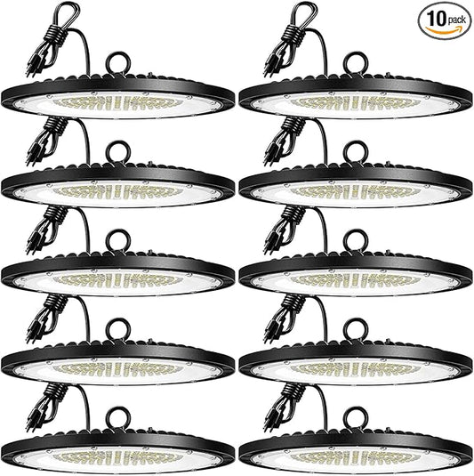 Amico 200W 10 Pack UFO LED High Bay Light 28,000lm 5000K LED High Bay Lights with UL Listed US Hook 5' Cable Alternative to 650W MH/HPS for Gym Factory Barn Warehouse