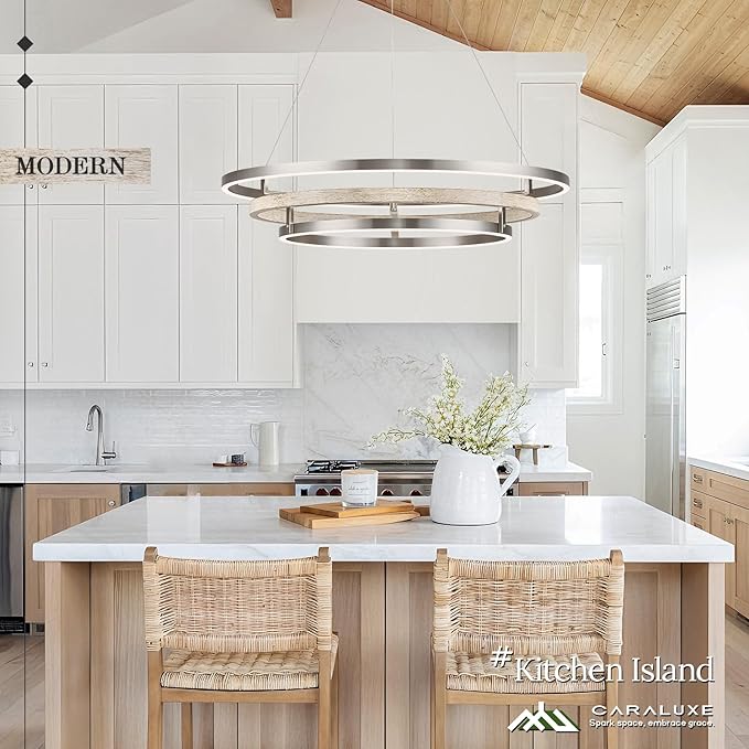3 Ring LED Chandelier Nickel Round Chandelier Light Fixture 31in Dimmable Modern Entry Chandeliers Weathered Wood Circular Light for Foyer Dining Room Bedroom Office Living Room