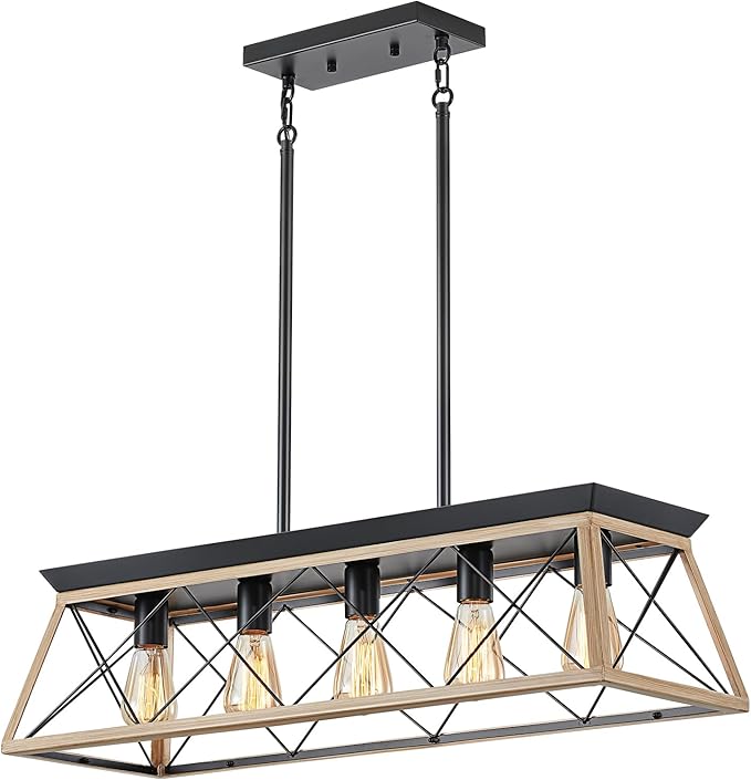 5-Light Farmhouse Dining Room Chandelier Over Table, Rustic Kitchen Island Lighting, Adjustable Height Pendant Light for Kitchen, Dining Room Table Rustic Wood