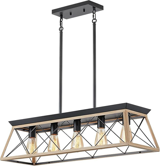 5-Light Farmhouse Dining Room Chandelier Over Table, Rustic Kitchen Island Lighting, Adjustable Height Pendant Light for Kitchen, Dining Room Table Rustic Wood
