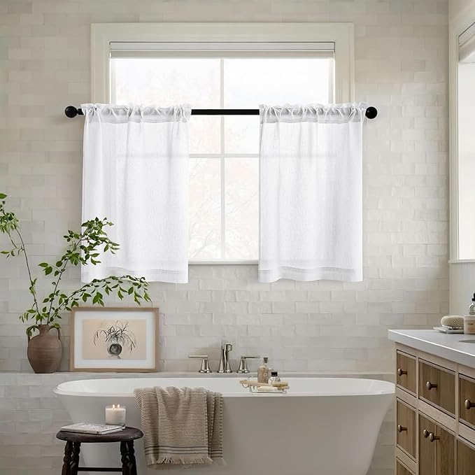 White Linen Kitchen Window Curtains 2 Panels Rod Pocket Linen Cafe Curtains 24 Inch Length Light Filtering Semi Sheer Boho Off White Short Tier Drapes for Small Window Basement Bathroom RV 26Wx24L
