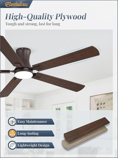 Fanbulous 60 inch ceiling fan with light, Low Profile Ceiling Fan with Light, App&Remote Control, Dimmable LED Light, Flush Mount Ceiling Fan for Indoor Bedroom Living Room, Qiuet DC Motor