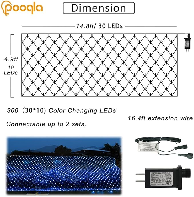 Pooqla Net Lights, 300LED Christmas Outdoor Mesh Light, 14.8x4.9 ft Fairy String Light with 8 Modes Green Wire, Connectable Waterproof for Bushes Tree Garden Christmas Decor, Blue