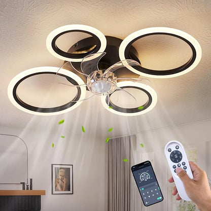 26" Geometric Ceiling Fan with Lights Remote Control, 3 Colors, 6 Speeds, Bladeless, Low Profile for Kitchen, Bedroom