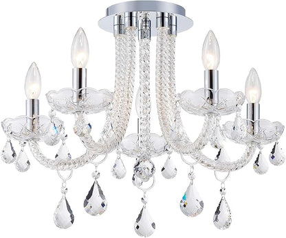 French K9 Crystal Maria Theresa Candle Chandelier, Luxury Vintage Pendant Light Fixture for Dining Room, Living Room, 5 Lights, D22.4*H15.7 inch, Clear Crystal & Chrome Finish Frame