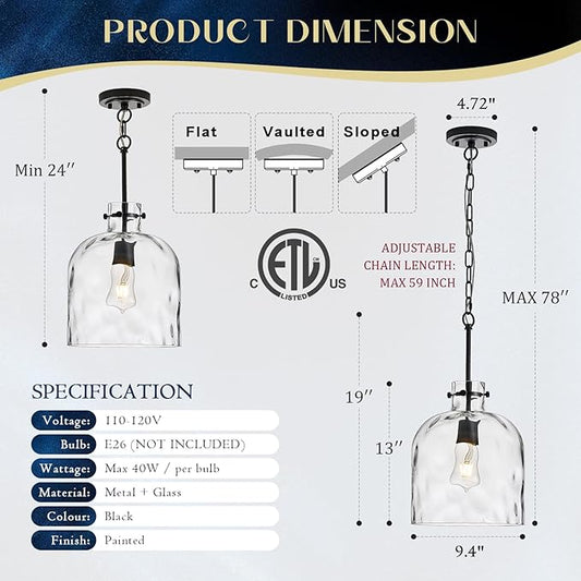 Modern Black Glass Pendant Light – 10-Inch Wide Single Dome Light Fixture, 1-Light E26 Ceiling Hanging Lamp for Kitchen Island, Dining Room, Hallway