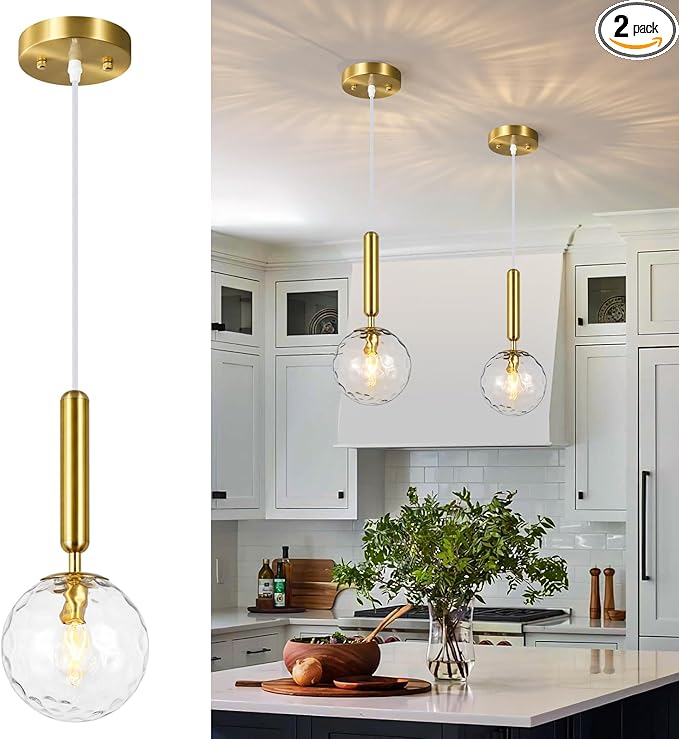 Modern Gold Pendant Light Hanging Fixture Light for Kitchen Island Mid Century with Globe Pendant Light Clear Glass Pendant Lighting for Living Room Bedroom Entryway (2 Pack)