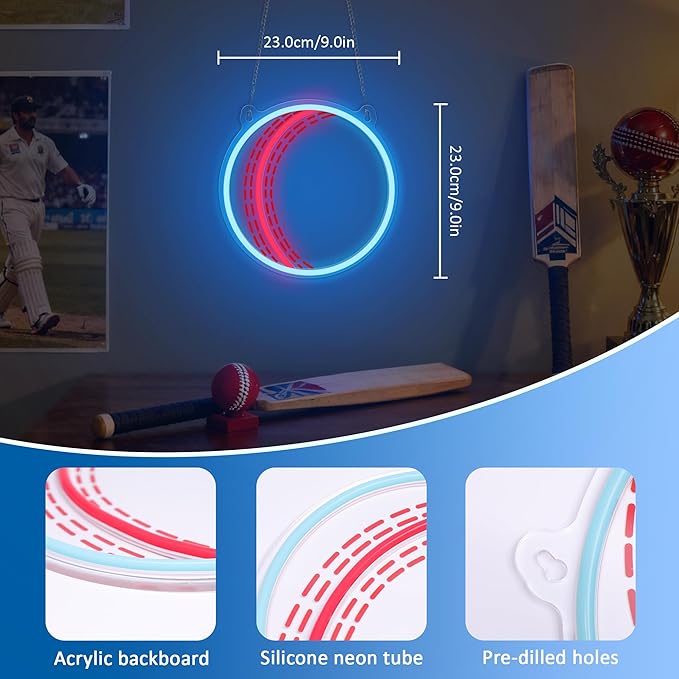 OkiyiD Cricket Ball Neon Sign – Sport Shaped LED Light for Game Room Man Cave Bar Decor, Cricket Gifts for Boys Men Dad Husband, USB Powered Dimmable Wall Decor Accessories