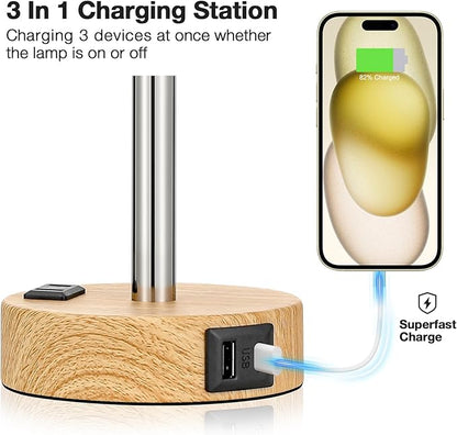 Fenmzee Bedside Table Lamp for Bedroom - 3 Way Dimmable Touch Lamp USB C Charging Ports and AC Outlet, Small Lamp Wood Base Round Flaxen Fabric Shade for Living Room, Desk, LED Bulb Included