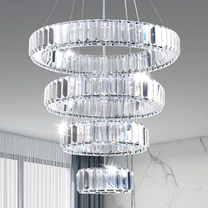 CLAIRDAI LED Crystal Chandeliers High Brightnes 4 Rings Adjustable Stainless Pendant Lighting Chandeliers for Bedroom Living Room Dining Room Dia 5.9-9.8"-13.8"-17.7" 6500K Cool White