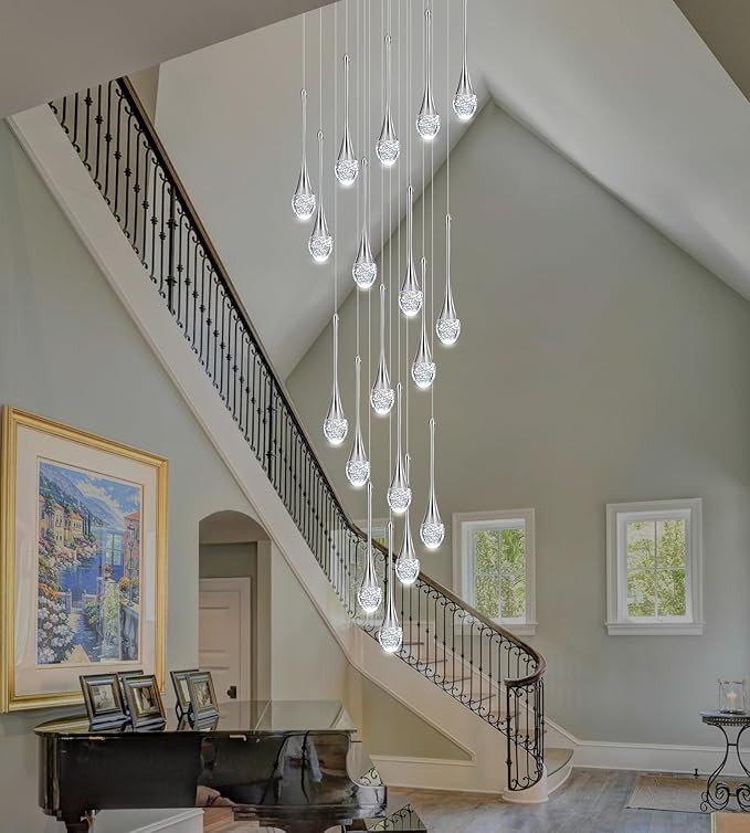 Modern Crystal Staircase Chandelier Polished Chrome 18-Lights, H118'' Large High Ceiling Spiral Dimmable LED Raindrop Foyer Entryway Light Fixture Remote Control