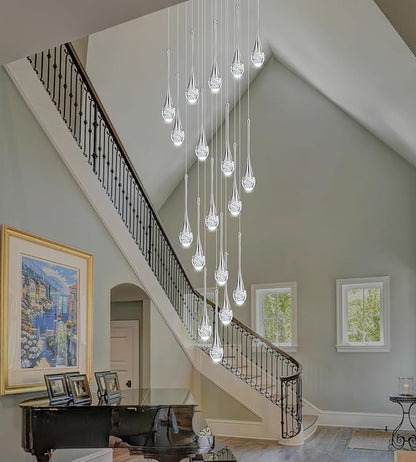 Modern Crystal Staircase Chandelier Polished Chrome 18-Lights, H118'' Large High Ceiling Spiral Dimmable LED Raindrop Foyer Entryway Light Fixture Remote Control