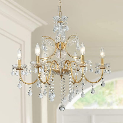 Bestier Gold Finish Elegent Crystal Candle Candelabra Chandelier 6 Light Lighting Fixture LED Pendant Ceiling Light Dia 26 in x H 26 in