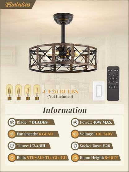 Fanbulous 20 Inch Fandelier Caged Ceiling Fans with Lights and Remote, Black Farmhouse Ceiling Fan, Bladeless Samll Fan Lights Ceiling Fixtures for Kitchen, Bedroom-Black and Gold