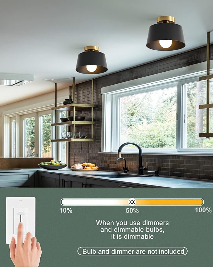 Modern Semi Flush Mount Ceiling Light with Gold Plate and Matte Black Shade, Farmhouse Ceiling Light Fixture for Kitchen Island Dining Room Foyer Hallway Porch Barn Loft，10in (Black)