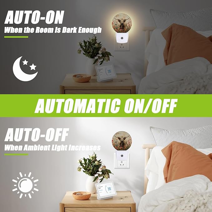 Highland Cow Night Light,Flowers Night Lights Plug into Wall for Kitchens Toilets Bedroom Decorative Half Round Nightlight Led Lamp 0.5W Sleep Friendly