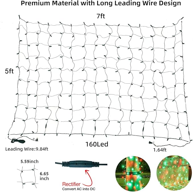 Dirnun Led Christmas Net Lights Red and Green Outdoor Christmas Lights 160LED 5ftx7ft, Waterproof Outdoor Indoor Fairy Mesh Net Light for Xmas Party, Yard, Patio, Trees, Shrubs, Bushes Decorations