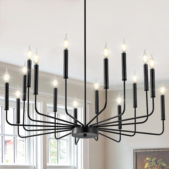 WOKNOS Modern Black Farmhouse Chandeliers, 16-Light Industrial Metal Chandelier Lighting, Classic Candle Hanging Pendant Light Fixtures for Kitchen Island, Living Room, Dining Room, Stair