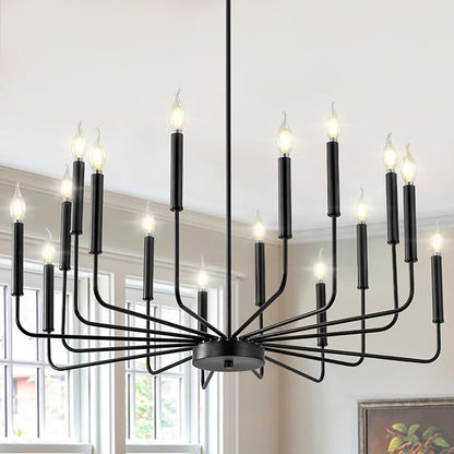WOKNOS Modern Black Farmhouse Chandeliers, 16-Light Industrial Metal Chandelier Lighting, Classic Candle Hanging Pendant Light Fixtures for Kitchen Island, Living Room, Dining Room, Stair