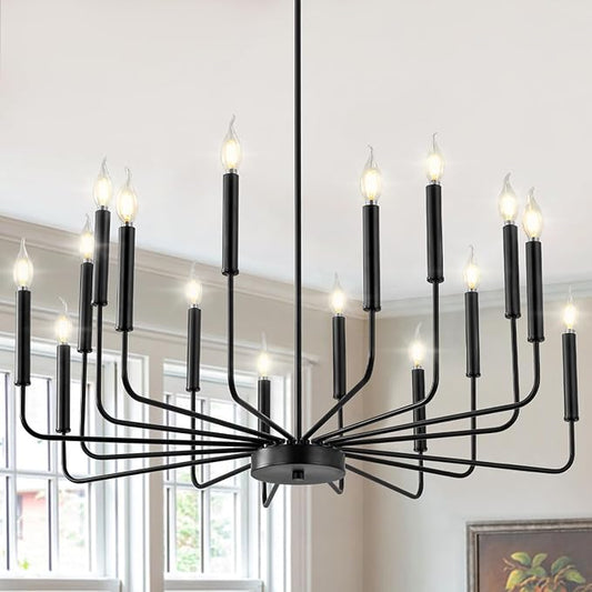WOKNOS Modern Black Farmhouse Chandeliers, 16-Light Industrial Metal Chandelier Lighting, Classic Candle Hanging Pendant Light Fixtures for Kitchen Island, Living Room, Dining Room, Stair