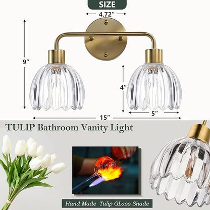 2-Light Gold Brass Bathroom Light Fixture with Clear Tulip Glass Shade,Wall Sconces,Vintage Vanlity Light Over Mirror,Bathroom Wall Light,E26 Socket(Bulbs Not Included)