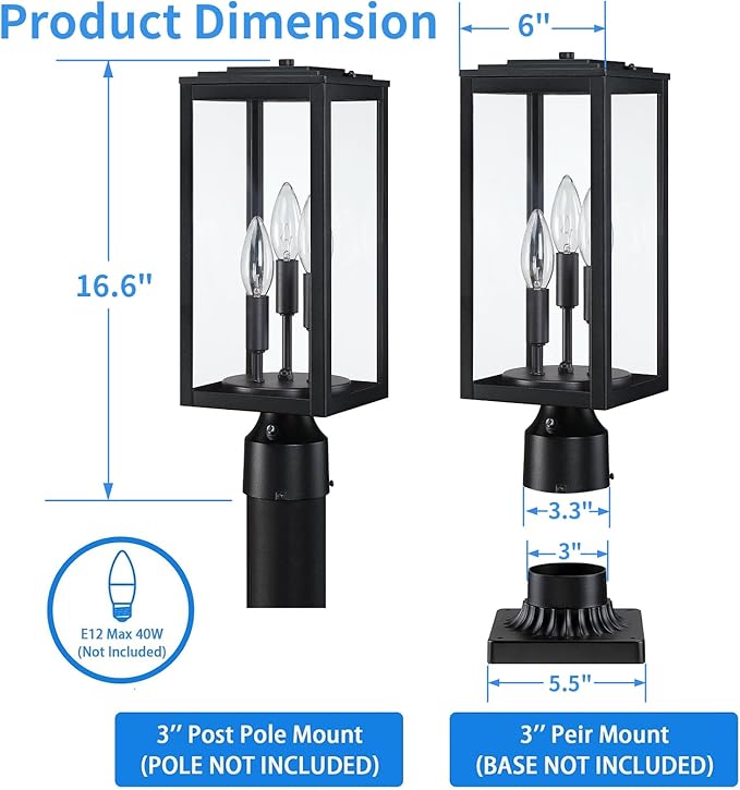 16.6'' Dusk to Dawn Post Light Outdoor, Large 3-Light Lamp Post Light Fixture, Modern Pillar Outside Lighting Waterproof Post Lantern Pole Lights for Porch, 1 Pack (Not Include Mounting Base)
