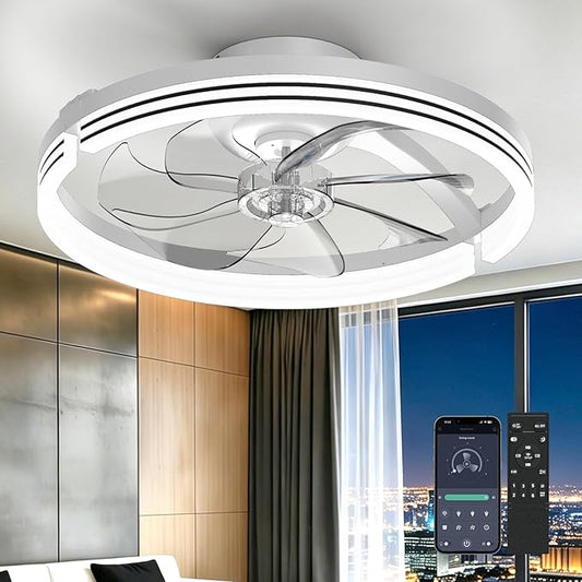 AIKVSXER Ceiling Fans with Lights,20 Inch Low Profile Fandelier with APP Control, Ultra Quiet,3CCT and 6 Wind Speeds for Bedroom, Living Room Modern Flush Mount Fan Light (White, 20inch-Stripe Fold)
