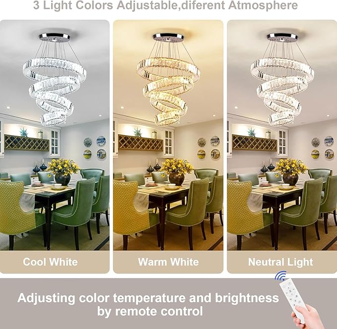 Dimmable Modern LED Chandelier with Remote 4 Ring Pendant Light Crystal Chandeliers for Dining Room Bedroom Living Room,3 Colors Adjustable,Dia7.9-11.8"-15.7"-19.7",79 W
