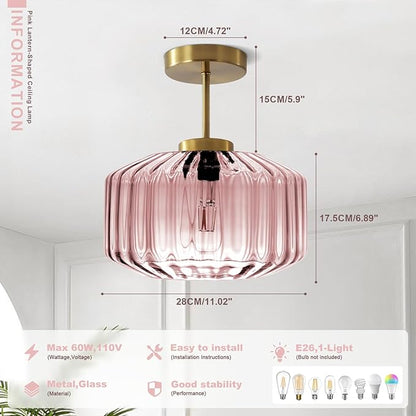 Modern Semi-Flush Mount Light Fixture Blush Pink Ceiling Lamp with Brushed Gold Base, Bedroom Light Fixture for Girls Bedroom, Nursery, Master Suite Hallway