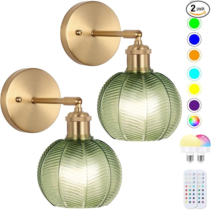 Vintage Wall Sconce Set of Two, Battery Operated Wall Sconce with Deep Green Tulip Glass Lampshade Rechargeable Wall Light with Remote Control for Bedroom,Living Room