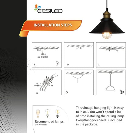 Black Industrial Pendant Light, 9.84" Vintage Hanging Light Fixture, E27 Ceiling Lamp for Kitchen Island, Dining Room, Farmhouse, Rustic Loft, Bar, Café