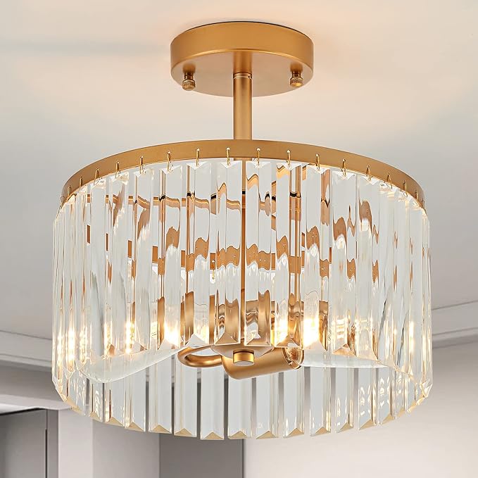 12" Gold Semi Flush Mount Crystal Ceiling Light Fixtures for Kitchen Modern Industrial 2-Light Small Chandeliers Lighting for Bedroom Entryway Hallway Living Dining Room Foyer
