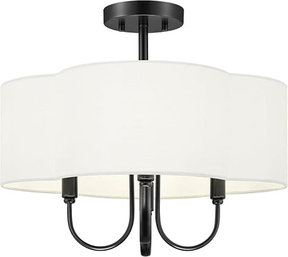 18" Semi Flush Mount Ceiling Light, 4-Light Vintage Light Fixtures Ceiling Mount with Fabric Shade in Quatrefoil for Kitchen Nursery Entryway Hallway Bedroom, Matte Black, SM179-MB-L