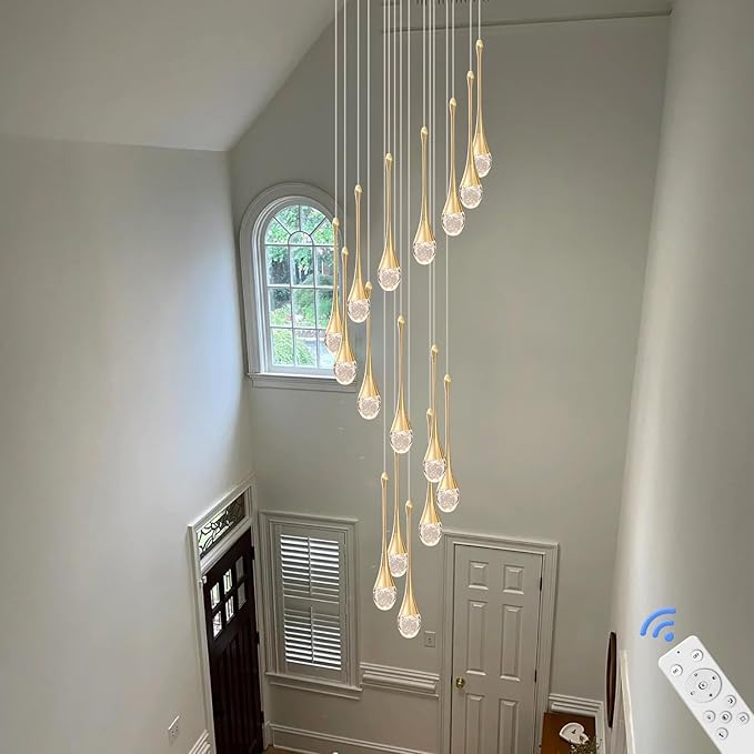 ykolupty Modern Crystal Chandeliers LED Dimmable Stairwell Chandelier Gold Teardrop Chandelier Large Pendant Light for Entryway Foyer Living Room