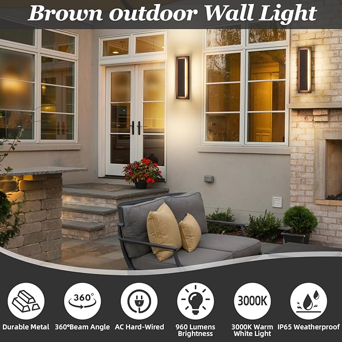2 Packs Brown Outdoor Wall Sconce, Exterior Lights Fixture,Waterproof Wall Lights for House,Porch,Patio,Modern Outdoor Lights,Outdoor Wall Lighting,3000K Warm White,15.7In