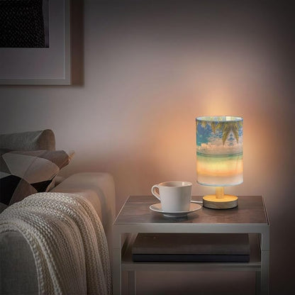 Beach Summer Cloud Blue Sky Ocean Palm Tree Table Lamp with Wood Base Fabric Lamp Shade Bedside Nightstand Desk Lamp for Living Room Bedroom Kids Room Office