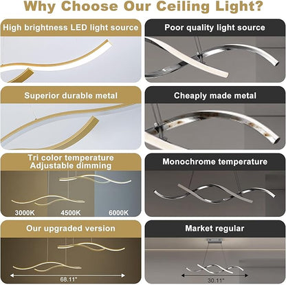 Mayful LED Chandelier, Modern Chandelier with Remote Control, Dimmable 3000K-6000K Adjustable Temperature, Height Adjustable Kitchen Island Pendant Light for Dining Room, Living Room Gold 64.2 inch