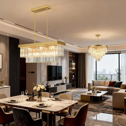 Weesalife Crystal Chandeliers for Dining Room Light Fixtures Over Table，9-Lights Gold Modern Rectangle Chandeliers for Kitchen Island Bar L28 Inch