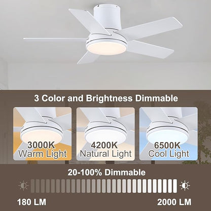 42 Inch Ceiling Fans with Lights and Remote, Flush Mount White Ceiling Fan for Bedroom Living Room Indoor/Outdoor, Quiet 6 Speed Reversible DC Motor, 3CCT, Dual Color 5 Blades, ETL Listed