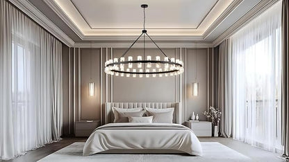 60 Inch Black Wagon Wheel Chandelier with Crystal Shade, 60 Lights, Modern Farmhouse Style, Ideal for Dining Room, Kitchen, Entryways