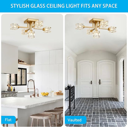 XINGQI Sputnik Chandelier Gold Modern Semi Flush Mount Ceiling Light Glass 5 Lights Farmhouse Lighting Fixtures for Dining Room Living Room Kitchen Bedroom