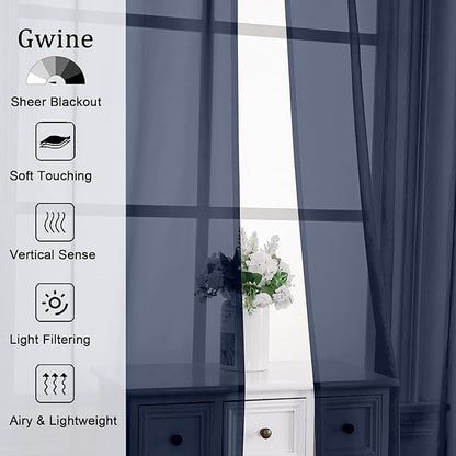 Gwine Navy Blue Sheer Curtains 84 Inches Long 2 Panels Set for Living Room, Rod Pocket Voile Bedroom Curtains, Light Filtering Solid Window Sheer Panels, Each 42" Wx84 L