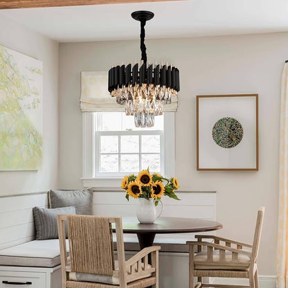 A AXILIXI Modern Crystal Chandeliers 3 Tiers Black and Gold Pendant Light Fixtures 16” Round Flush Mount Chandeliers Ceiling Lighting Dimmable for Living Room Dining Room Foyer Bedroom Kitchen